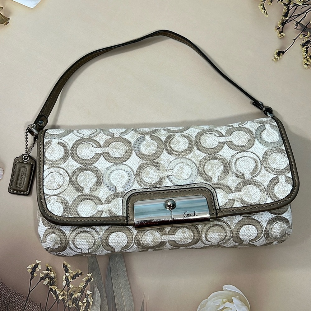 🌺 COACH KRISTIN OP ART SEQUIN CREAM GREY WRISTLET SMALL BAG VINTAGE